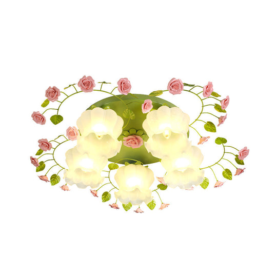 Traditional Green Glass Rose Ceiling Lighting: 5 - Head Bedroom Flush Mount Fixture