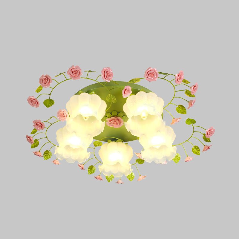 Traditional Green Glass Rose Ceiling Lighting: 5-Head Bedroom Flush Mount Fixture