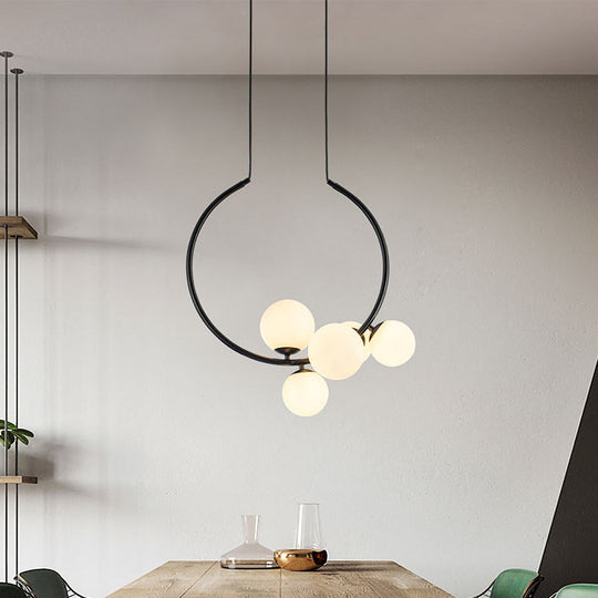 Contemporary 5-Bulb Chandelier - White/Black Orb Ceiling Lamp With Milky Glass Shade
