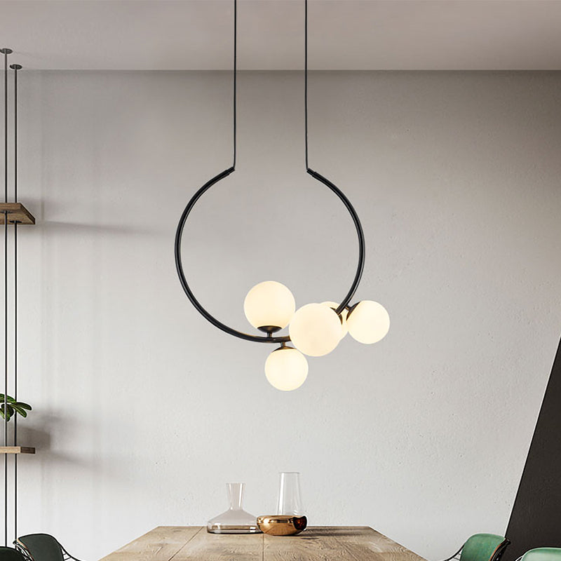 5-Bulb Orb Chandelier With Milky Glass Shade: Modern Ceiling Light In White/Black