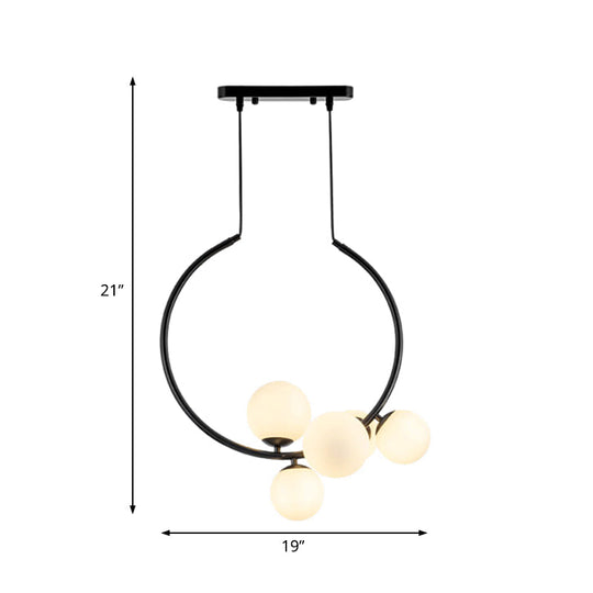 Contemporary 5-Bulb Chandelier - White/Black Orb Ceiling Lamp With Milky Glass Shade