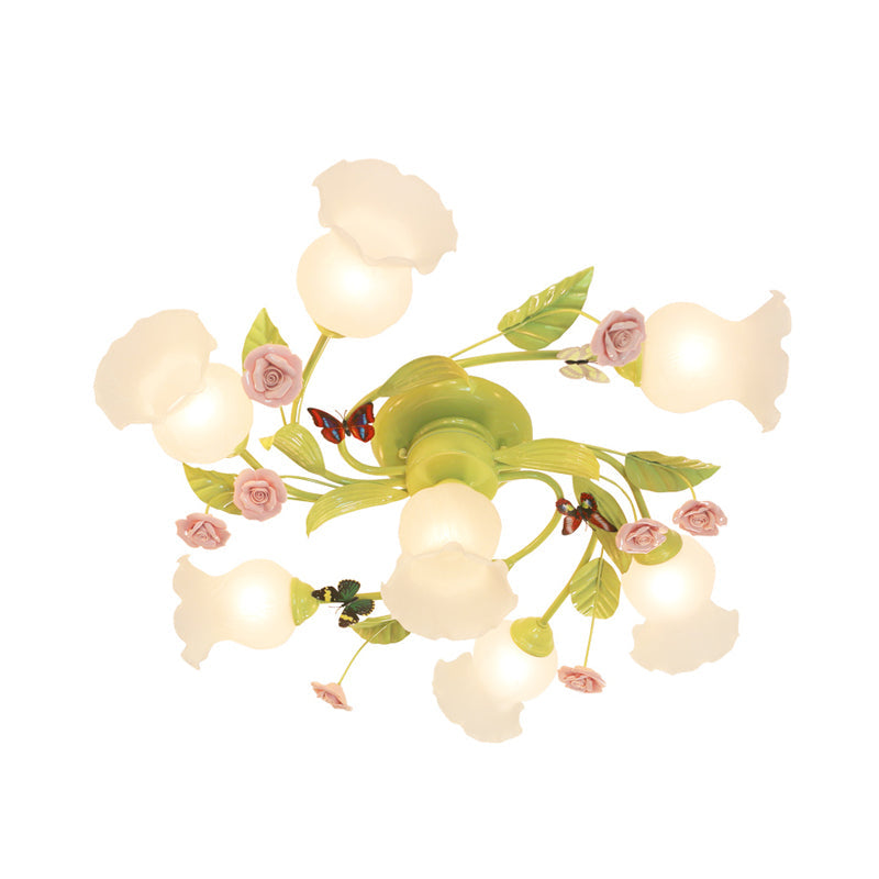 Green Opaque Glass Spiral Bedroom Ceiling Light Fixture - Semi - Flush Mount (4/7 Bulbs)