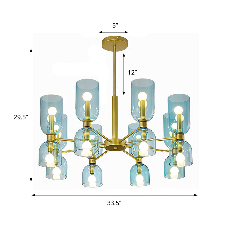 16-Head Modernist Chandelier Lamp In Black/Gold With Cylinder Pendant Light & Glass Shade