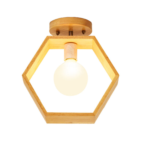 Modern Wood Semi Flush Mount Light - Triangle/Square/Pentagon Shape With White Glass 1 Head Ceiling