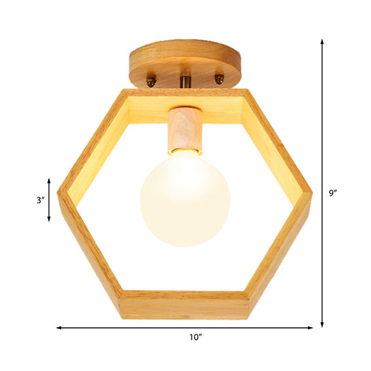 Modern Wood Semi Flush Mount Light - Triangle/Square/Pentagon Shape With White Glass 1 Head Ceiling