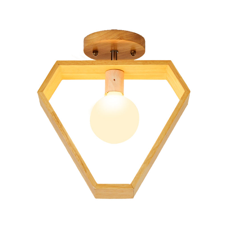 Modern Wood Semi Flush Mount Light - Triangle/Square/Pentagon Shape With White Glass 1 Head Ceiling