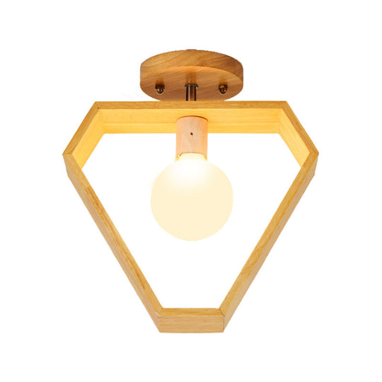 Modern Wood Semi Flush Mount Light - Triangle/Square/Pentagon Shape With White Glass 1 Head Ceiling