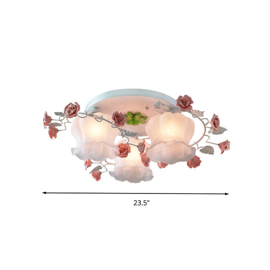 Rose Countryside Pink Ceiling Mount Flush Light Fixture With Mouth Blown Opal Glass For Bedroom -