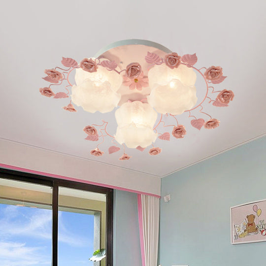 Traditional Floral Glass Ceiling Fixture With Flush Mount For Living Room 3/5 Bulbs In Pink/Green
