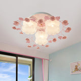 Traditional Floral Glass Ceiling Fixture With Flush Mount For Living Room 3/5 Bulbs In Pink/Green
