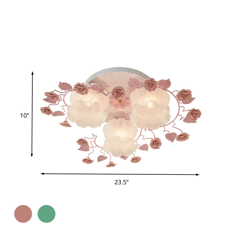 Traditional Floral Glass Ceiling Fixture With Flush Mount For Living Room 3/5 Bulbs In Pink/Green