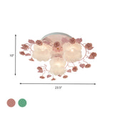 Traditional Floral Glass Ceiling Fixture With Flush Mount For Living Room 3/5 Bulbs In Pink/Green