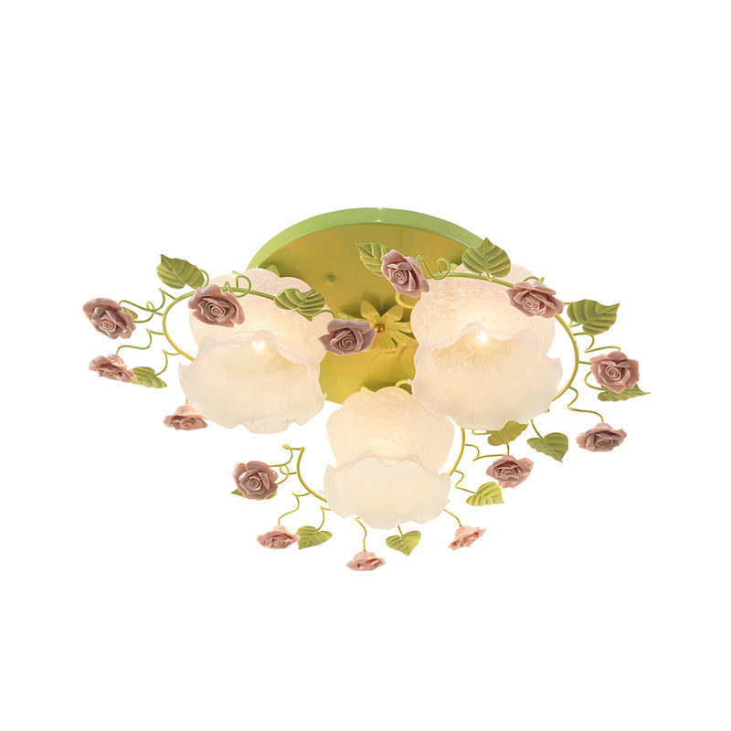 Traditional Floral Glass Ceiling Fixture With Flush Mount For Living Room 3/5 Bulbs In Pink/Green