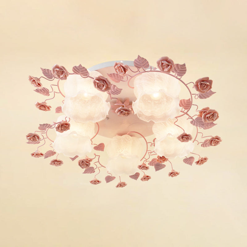 Traditional Floral Glass Ceiling Fixture With Flush Mount For Living Room 3/5 Bulbs In Pink/Green