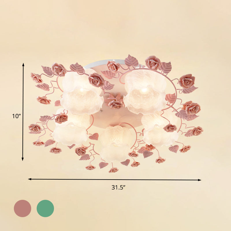 Traditional Floral Glass Ceiling Fixture With Flush Mount For Living Room 3/5 Bulbs In Pink/Green
