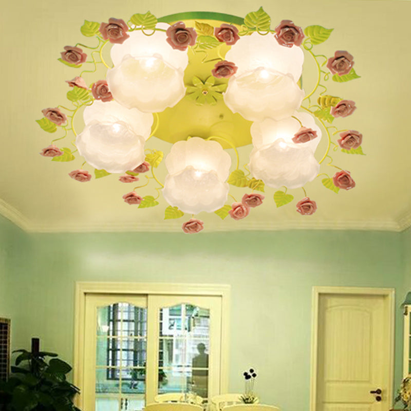 Traditional Floral Glass Ceiling Fixture With Flush Mount For Living Room 3/5 Bulbs In Pink/Green