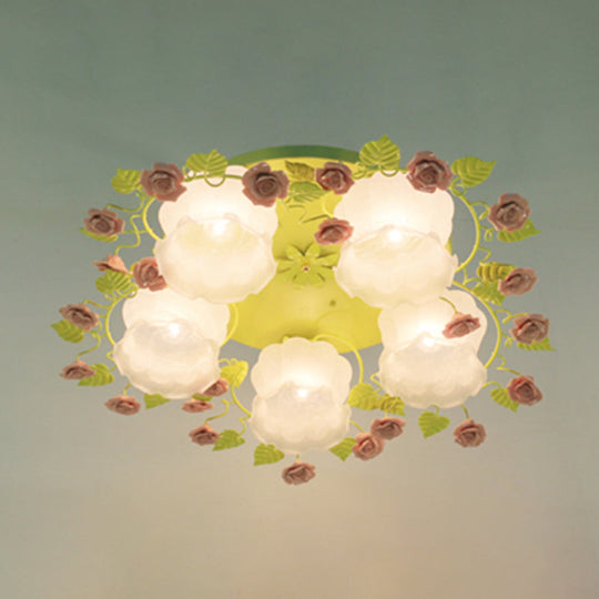 Traditional Floral Glass Ceiling Fixture With Flush Mount For Living Room 3/5 Bulbs In Pink/Green