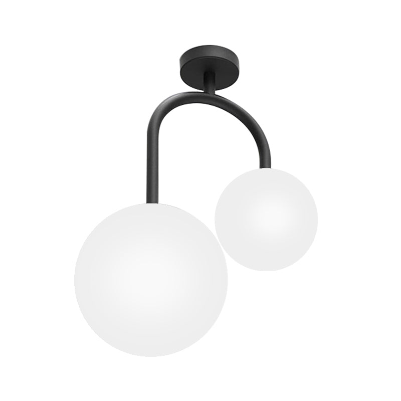 Modernist Milk Glass Ceiling Light Fixture - Semi Flush Mount With 2 Spherical Heads In Elegant
