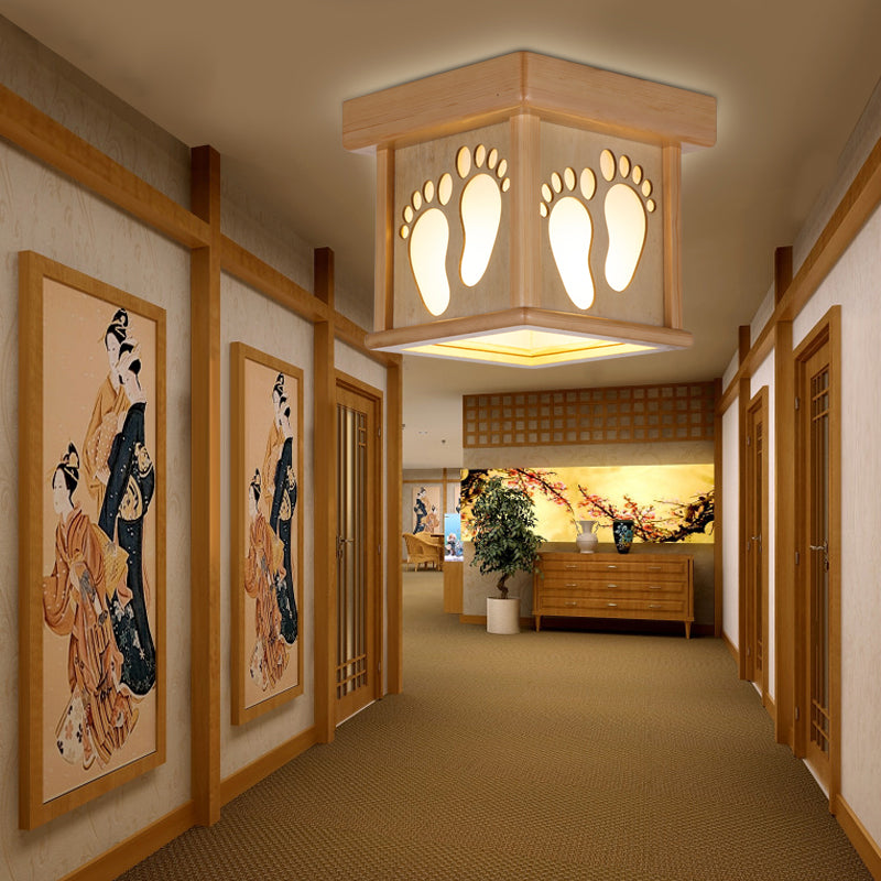 Nordic Wood Square Close To Ceiling Light - 10’ W Flush Mount Fixture With Footprints For Dining