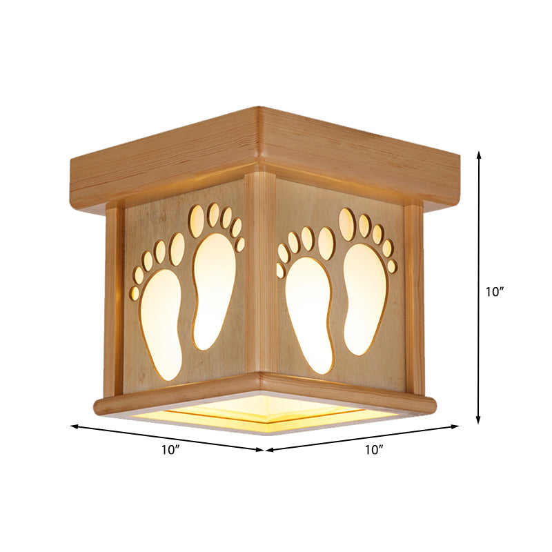 Nordic Wood Square Close To Ceiling Light - 10’ W Flush Mount Fixture With Footprints For Dining