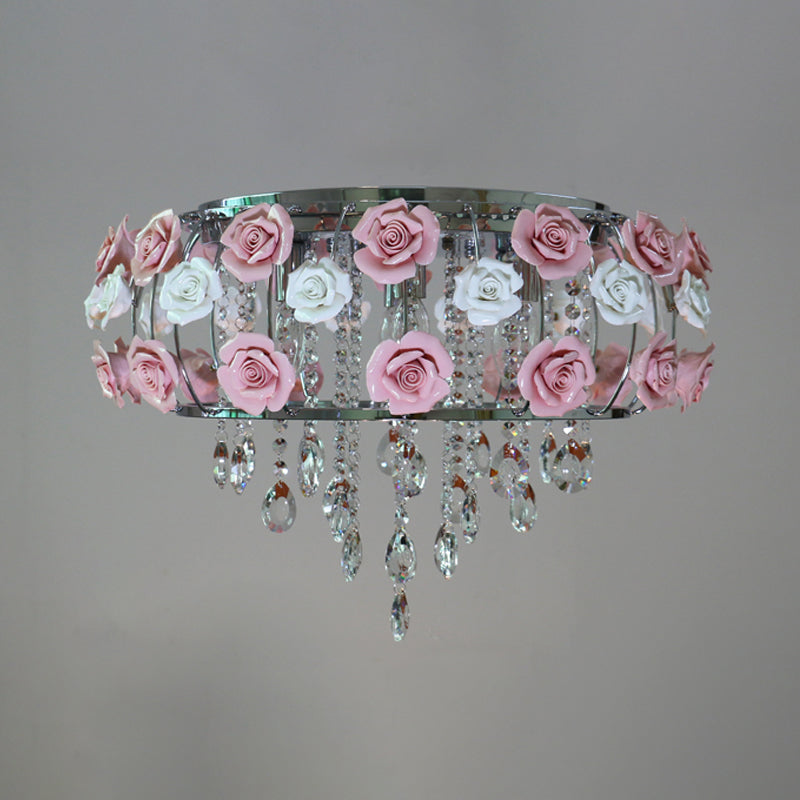 Traditional Pink Crystal Ceiling Mounted Drum Fixture - 6/8 Bulbs Flush Mount Lamp For Living Room