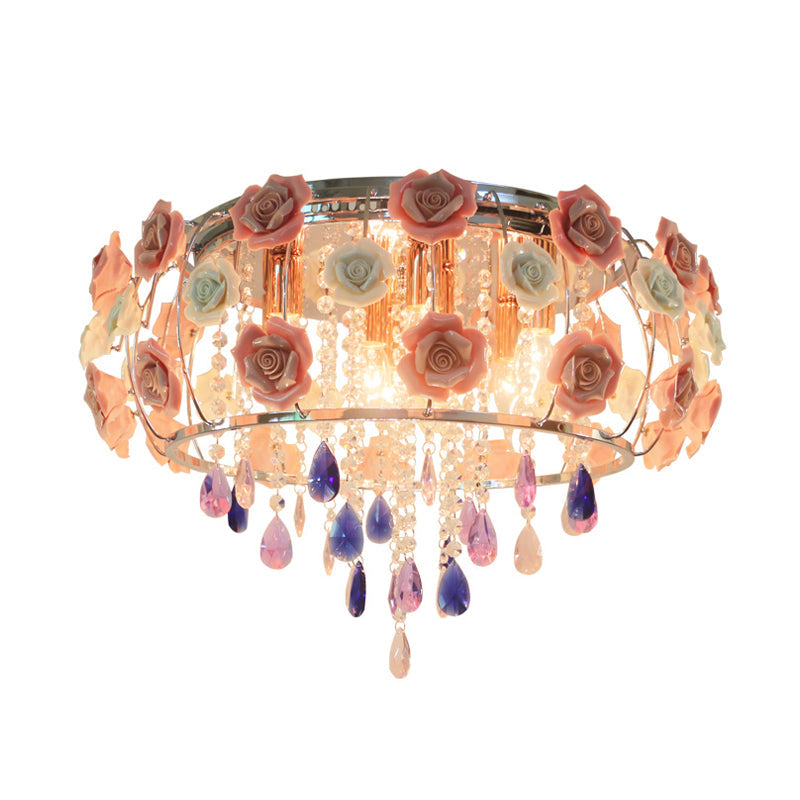 Traditional Crystal Flush Mount Light With Pink Drum Shade - 6/8 Bulbs Bedroom Close To Ceiling Lamp