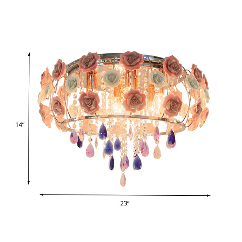 Traditional Crystal Flush Mount Light With Pink Drum Shade - 6/8 Bulbs Bedroom Close To Ceiling Lamp