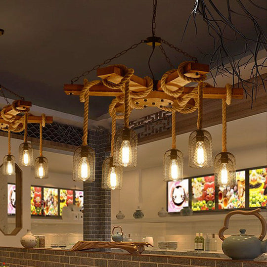 Rustic Caged Dining Room Chandelier Pendant With Retro Metallic Finish - 3/6/8 Lights & Wooden