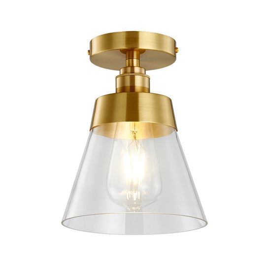 Minimalist Gold Semi Flush Mount Light With Conical Shade And Clear Glass Ceiling Fixture
