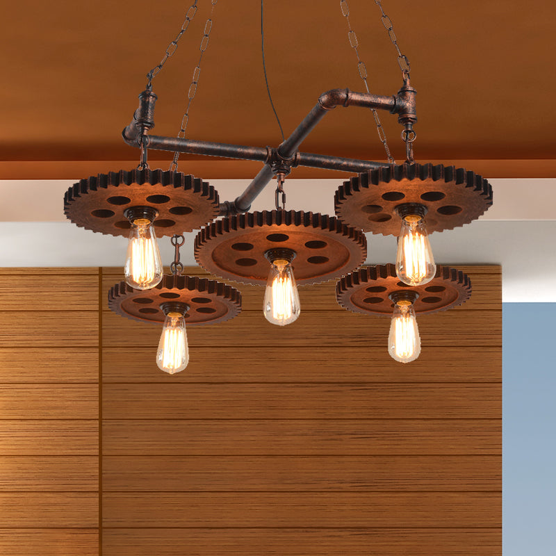 Farmhouse Bronze Metal Chandelier - 5 Lights Open Bulb Hanging Light Kit For Restaurants