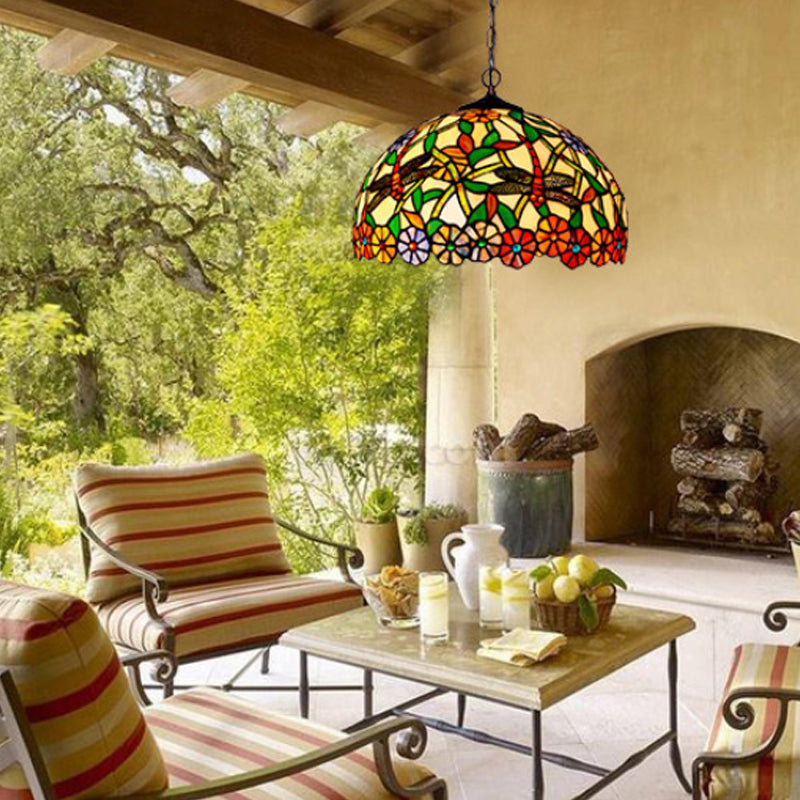 Mediterraner Kronleuchter mit Libellenmotiv und Pendelleuchten aus geschliffenem Glas – Rot/Grün/Violett