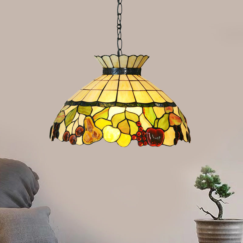 Black Baroque Chandelier with Yellow Stained Glass Shade - 3-Light Pendant Lighting Yellow