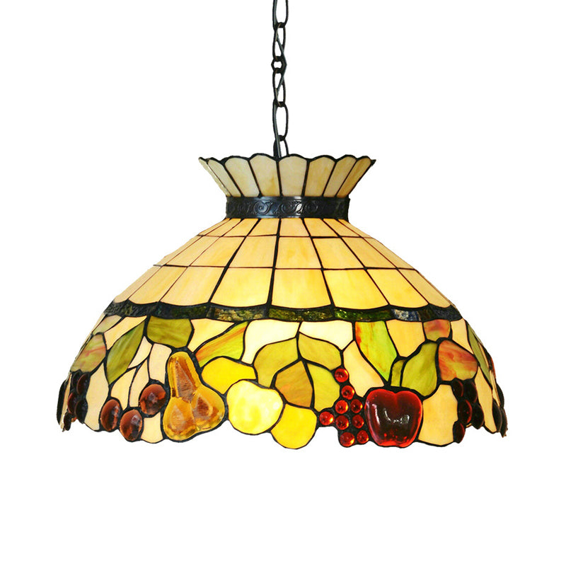 Black Baroque Chandelier with Yellow Stained Glass Shade - 3-Light Pendant Lighting Yellow