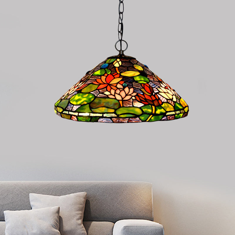 Victorian Stained Glass Chandelier - Green Blossom Pendant with 2 Lights Green