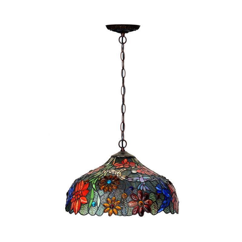Colorful Petal Glass Chandelier Light Fixture - 3-Light Bronze Suspension Lighting For Dining Room