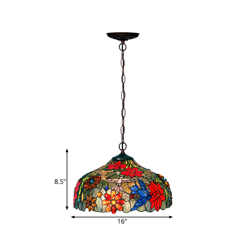 Colorful Petal Glass Chandelier Light Fixture - 3-Light Bronze Suspension Lighting For Dining Room