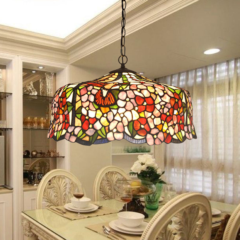 Tiffany-Style Red Stained Glass Floral Chandelier With 2/3 Lights 16“/19.5“ Wide