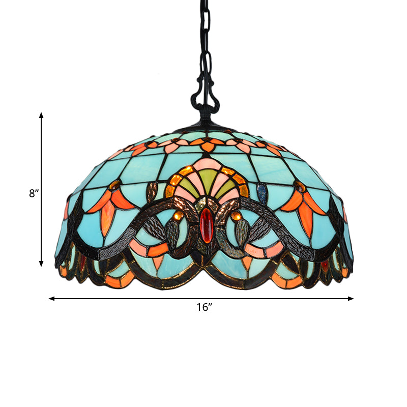 Blue Cut Glass Pendant Light Kit - 12’/16’ W Domed 1 Mediterranean Style