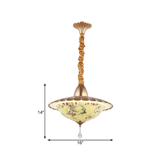 Mediterranean Led Bowl Chandelier - White Cut Glass Suspension Pendant With Crystal Droplet