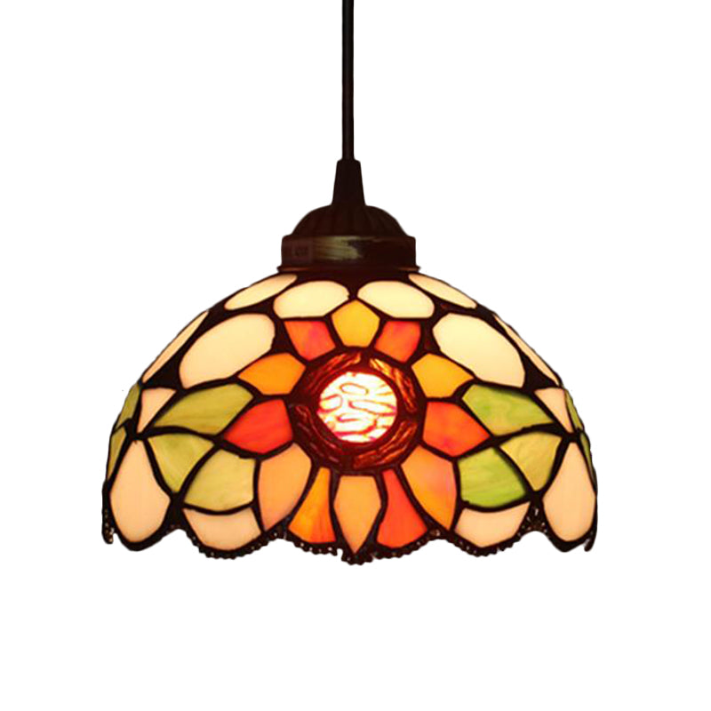 Victorian Floral Ceiling Pendant Light Fixture For Dining Room - Beige/Red/Pink Cut Glass Hanging