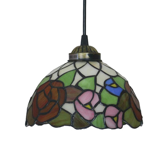 Victorian Floral Ceiling Pendant Light Fixture For Dining Room - Beige/Red/Pink Cut Glass Hanging