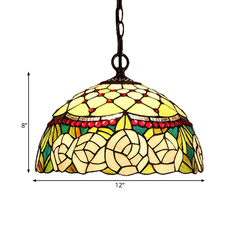 1/2-Light Mediterranean Bronze Kitchen Chandelier Pendant With Red/Yellow Glass Shade - 12’’/16’’ W