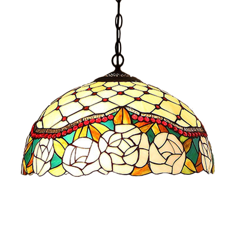 Mediterranean Bronze Kitchen Chandelier Pendant Light With Red/Yellow Cut Glass Shade - 12/16 W