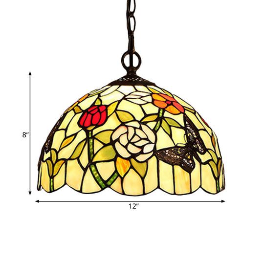 1/2-Light Mediterranean Bronze Kitchen Chandelier Pendant With Red/Yellow Glass Shade - 12’’/16’’ W