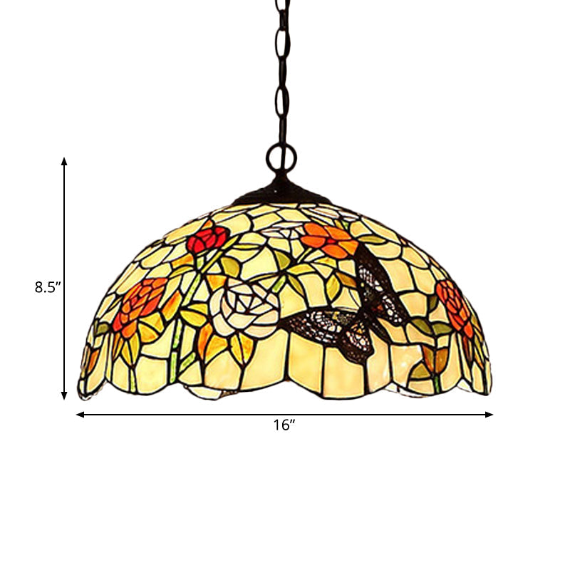 Mediterranean Bronze Kitchen Chandelier Pendant Light With Red/Yellow Cut Glass Shade - 12/16 W