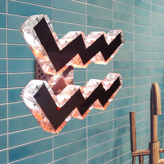 Modern Led Wall Lamp With Curvy Nickel Finish Beveled Crystal Prism Sconce Light Fixture -