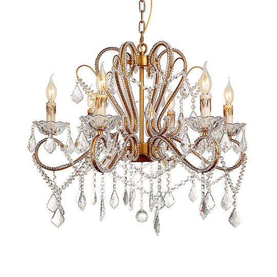 Rural Style Brass Crystal Chandelier - 6/8 Lights Curving Design For Living Room