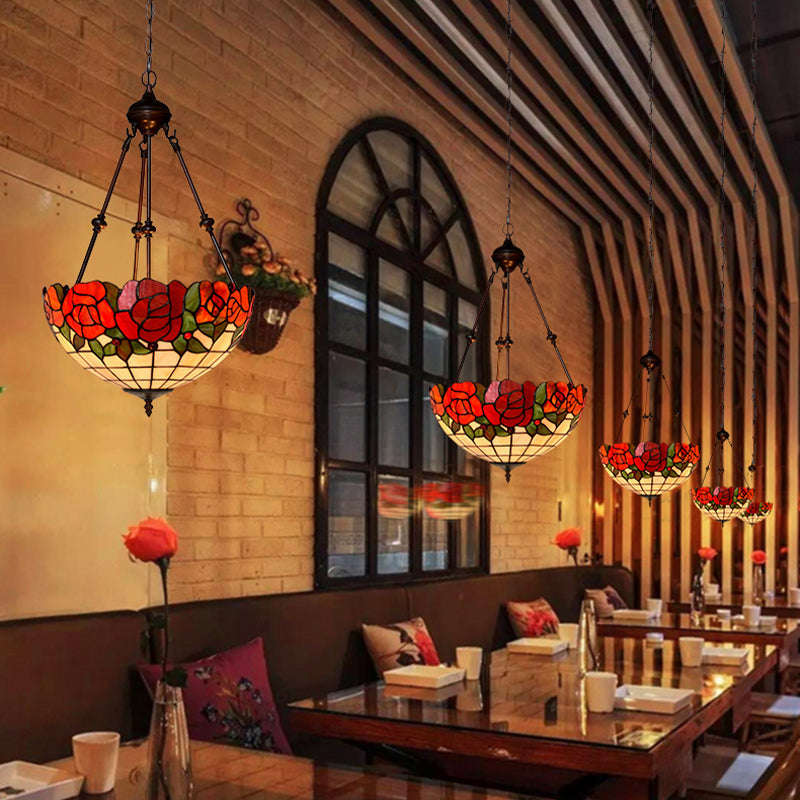 Hand-Cut Glass Pendant Flower Chandelier Light Fixture - Mediterranean Style 2 Lights Red/Blue