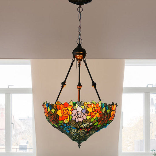 Mediterranean Floral Stained Art Glass Chandelier Pendant Light With 3 Hanging Lamps In