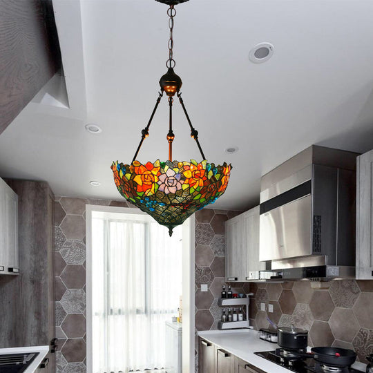 Mediterranean Floral Stained Art Glass Chandelier Pendant Light With 3 Hanging Lamps In
